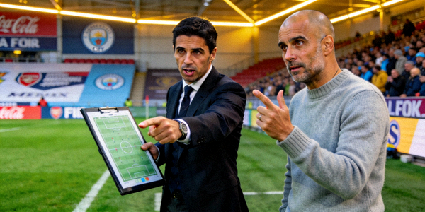 阿尔特塔与瓜迪奥拉在场边指挥比赛的对比画面