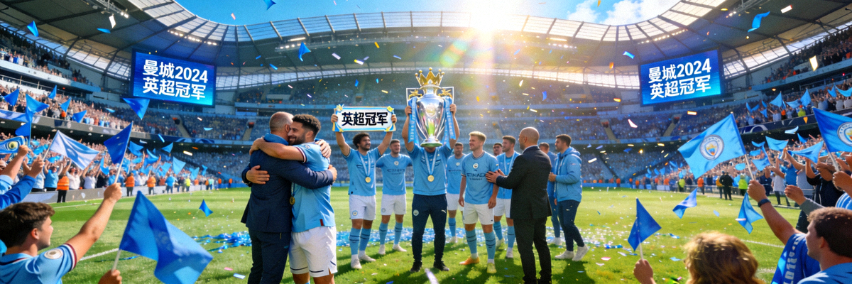英超冠军曼城队在伊蒂哈德球场庆祝夺冠